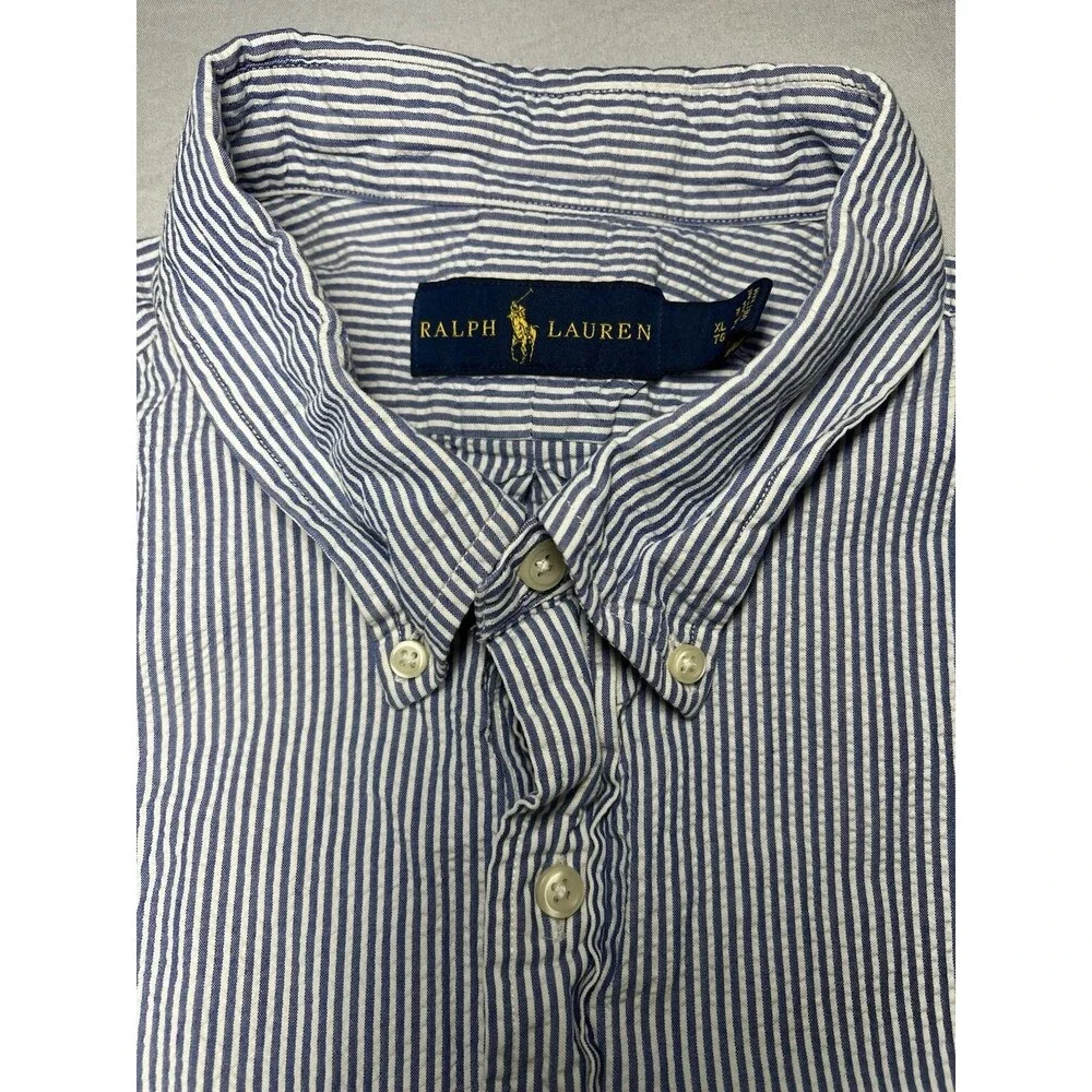 Ralph Lauren Shirt Mens XL Blue White Stripe Seersucker Short Sleeve Pink Pony